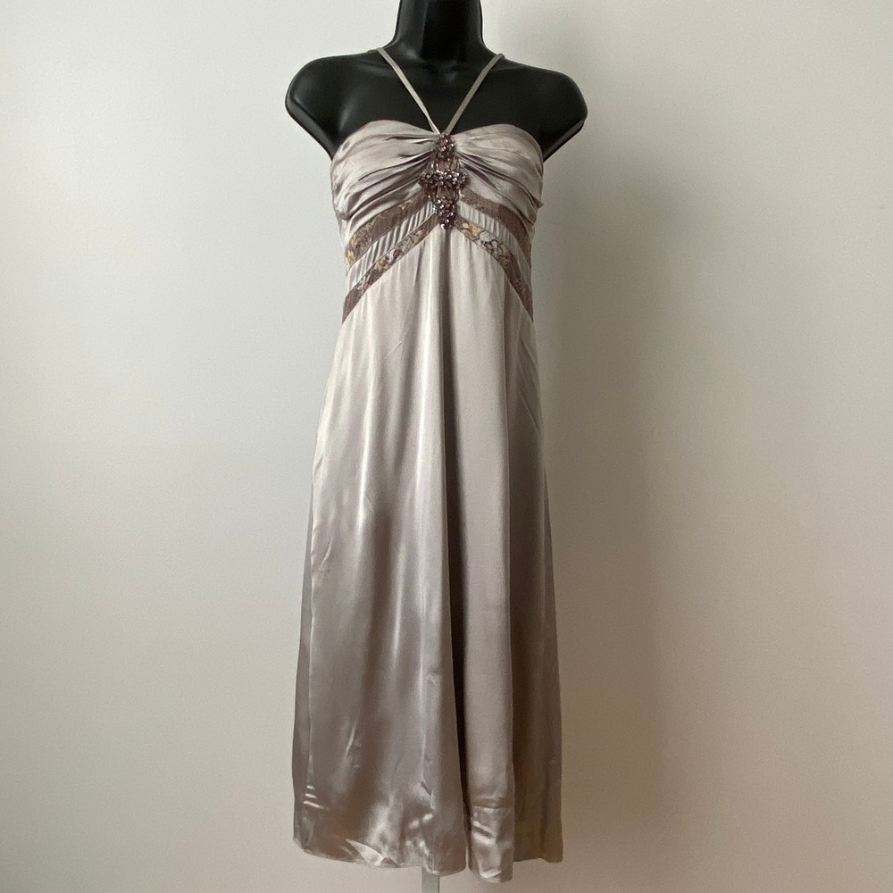 Y2k Maria Bianca Nero M Champagne VTG Fairy Halter Midi Dress Beaded Lace Trim